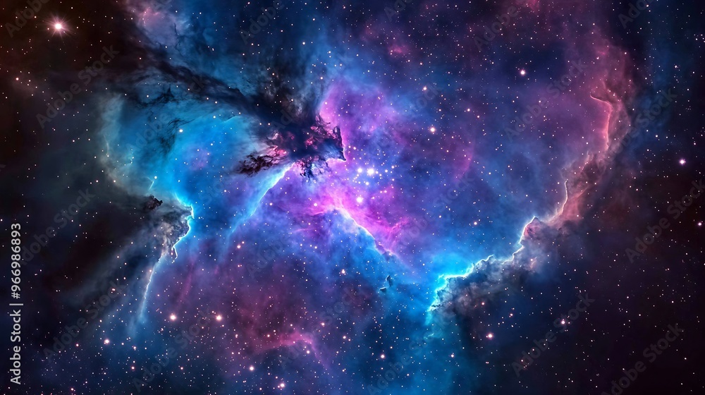 Fototapeta premium A breathtaking image of a swirling cosmic nebula in deep space, with vibrant colors of purple, blue, and pink intermingling, and distant stars shining through the vast expanse of the universe 