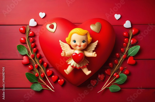 cute cartoon style cupid boy with lots of hearts, valentines greeting card photo