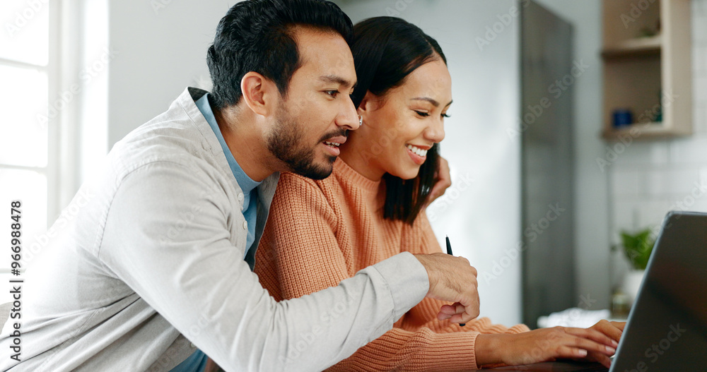 Home, couple and smile with laptop for finance, track expenses and success for budget goals. Discussion, man and woman with tax review for checking, handle savings and mortgage investment in kitchen Home, couple and smile with laptop for finance, track expenses and success for budget goals. Discussion, man and woman with tax review for checking, handle savings and mortgage investment in kitchen