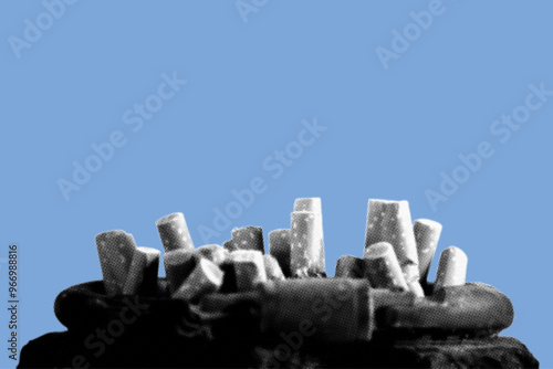 Close up of ashtray full of cigarette stub pixelate color halftone dotted texture style collage element isolated on blue background