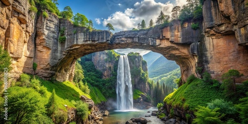 Fototapeta Naklejka Na Ścianę i Meble -  Symmetrical waterfall flowing over a natural bridge in the mountain river