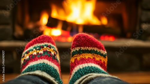 Feet in warm knitted socks against the background of a fireplace photo