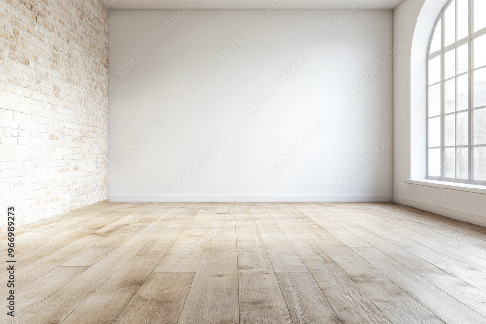Spacious empty room with arched windows and exposed brick walls. Large property interior with ample copyspace for branding. Spacious empty room with arched windows and exposed brick walls. Large property interior with ample copyspace for branding.