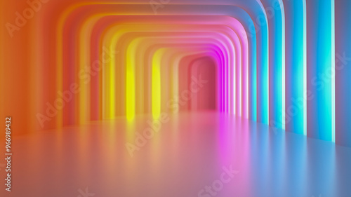 The vibrant image features a long, illuminated corridor lined with arched walls.