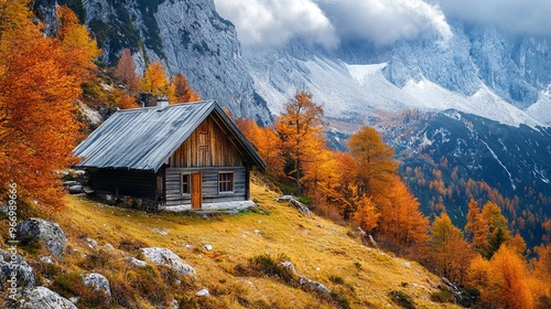 Hut in the autumn mountains photo