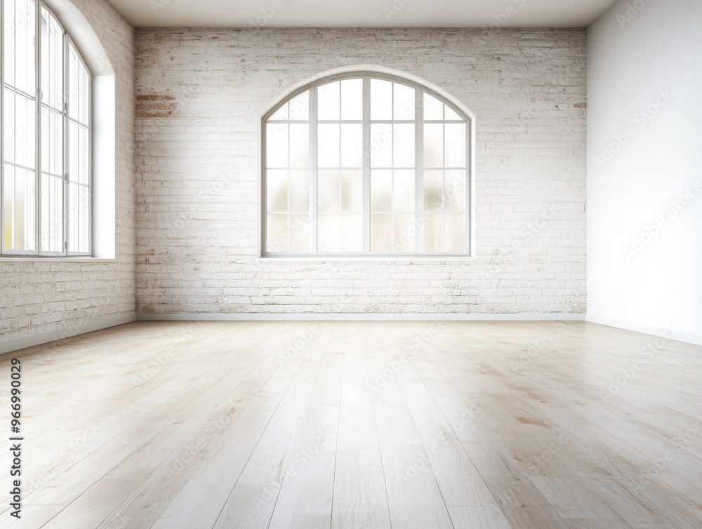 Spacious empty room with arched windows and exposed brick walls. Large property interior with ample copyspace for branding. Spacious empty room with arched windows and exposed brick walls. Large property interior with ample copyspace for branding.