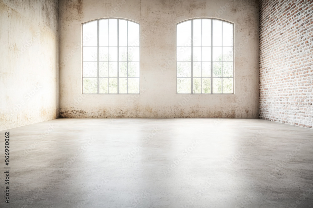Spacious empty room with arched windows and exposed brick walls. Large property interior with ample copyspace for branding. Spacious empty room with arched windows and exposed brick walls. Large property interior with ample copyspace for branding.