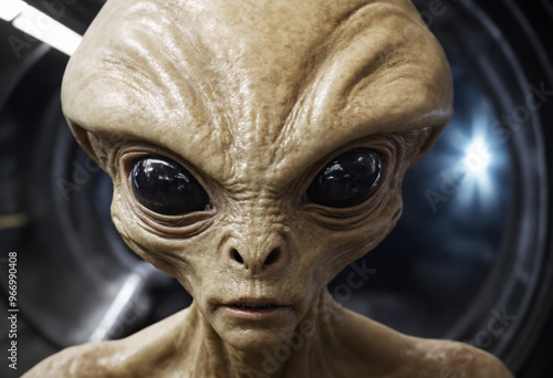 Alien in a spaceship in space, science fiction, extraterrestrial intelligence, alien invasion or abduction.