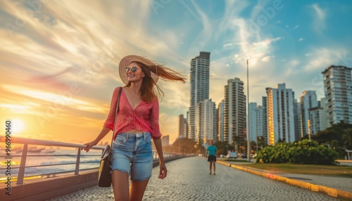 Sunset Stroll: Joyful Woman Enjoying the Balneario Camboriu Promenade