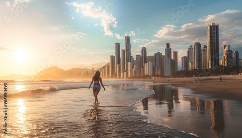 Sunset Stroll: A Carefree Woman's Joyful Promenade along Balneario Camboriu's Seafront