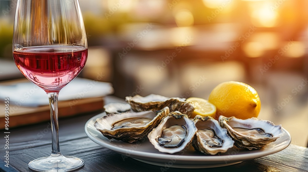 Fototapeta premium White wine in a glass and oysters in a restaurant on a yacht