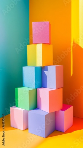 stacked colorful foam cubes in vibrant room