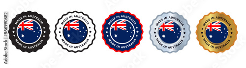 Made in australia set of sign stamp badge, with varian color red, blue, silver, gold, black suitable for products manufactured, military, agriculture or food vector illustration eps editable text