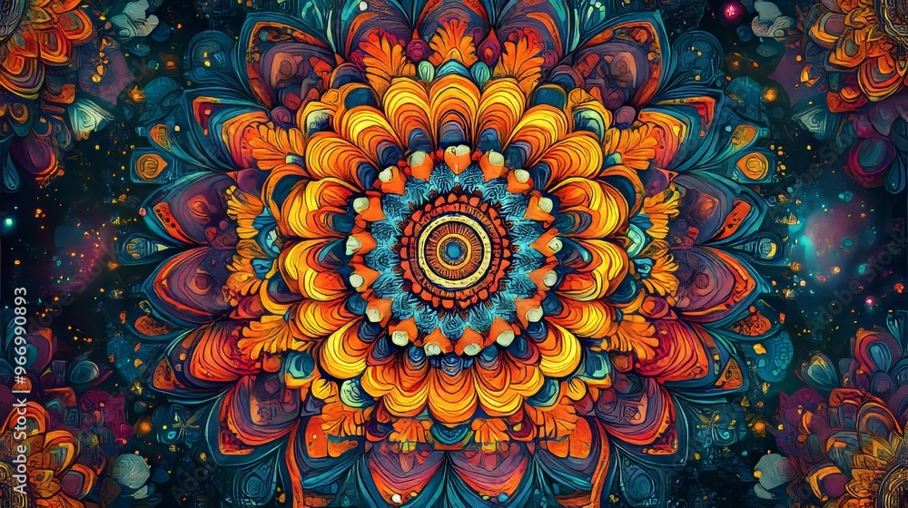 A detailed mandala design in the center of the background, radiating outward in symmetrical, colorful patterns with intricate details A detailed mandala design in the center of the background, radiating outward in symmetrical, colorful patterns with intricate details