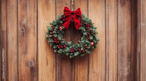 A Christmas wreath with red berries and a red bow hangs on a wooden door.