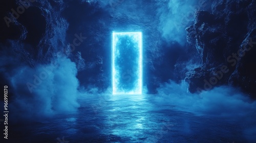 Wallpaper Mural A futuristic door slightly open, emitting a holographic glow, symbolizing new opportunities in a tech-filled environment. Sci-fi, hyper-realistic, metallic textures, cool tones Torontodigital.ca