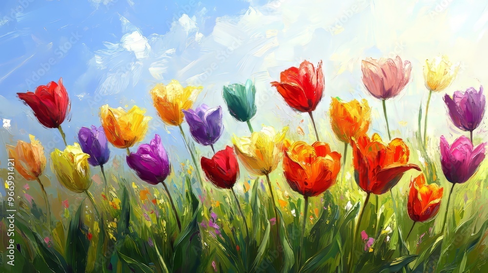 Fototapeta premium A meadow of vibrant tulips under clear skies, impressionist painting style, warm golden hues, gently swaying flowers, reminiscent of a peaceful spring afternoon