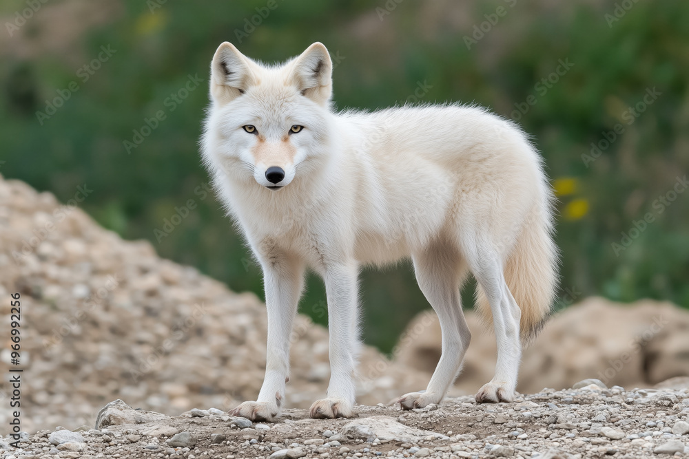A majestic white Arctic wolf stands alert on rocky ground, thick fur and intense gaze A majestic white Arctic wolf stands alert on rocky ground, thick fur and intense gaze