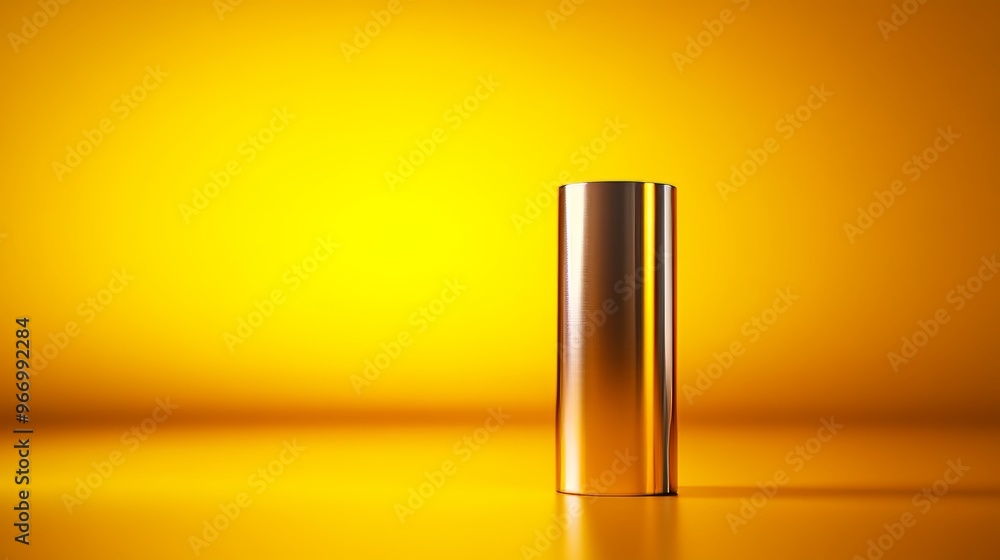 A sleek metal tube centered on a muted yellow background, minimalistic design, flat lighting, high contrast, ultra clean, Product photography, Photorealistic A sleek metal tube centered on a muted yellow background, minimalistic design, flat lighting, high contrast, ultra clean, Product photography, Photorealistic