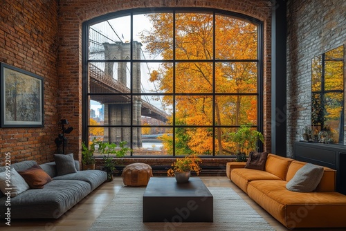 A modern living room in a Brooklyn loft with exposed brick walls, sleek furniture, and a small coffee table. Through the large window, the Brooklyn Bridge is framed by colorful autumn trees.