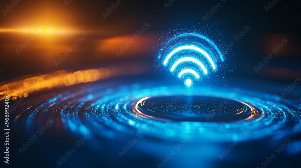 Fototapeta premium A sleek Wi-Fi extender emitting a blue glow, surrounded by a digital holographic blue Wi-Fi symbol, futuristic design, neon lighting, cyberpunk style, 3D rendering