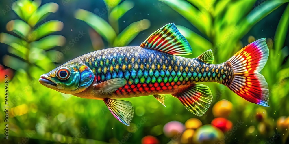 A brightly colored fish darting through the shallow water's edge, amidst a tapestry of lush green aquatic vegetation, A brightly colored fish darting through the shallow water's edge, amidst a tapestry of lush green aquatic vegetation,