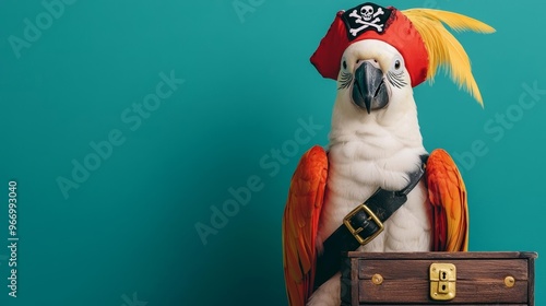 Cockatoo wearing a pirate costume with a treasure chest nearby, pirate bird, festive Halloween parrot