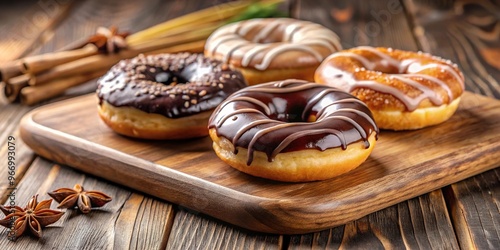 Tasty baked glazed and chocolate donuts on wooden board, warm atmosphere photo