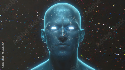 Futuristic digital human face with cosmic particles