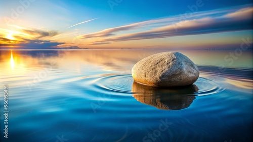 A calm stone falls into quiet waters, embodying serenity, meditation, and balance, as ripples of inner peace spread