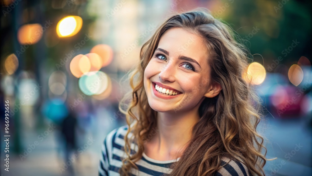 A carefree young woman's beaming smile dominates the frame, her happy expression standing out sharply against a hazy A carefree young woman's beaming smile dominates the frame, her happy expression standing out sharply against a hazy