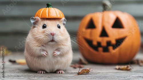 Hamster wearing a tiny pumpkin hat next to a jackolantern, pumpkin hamster, cute Halloween rodent photo