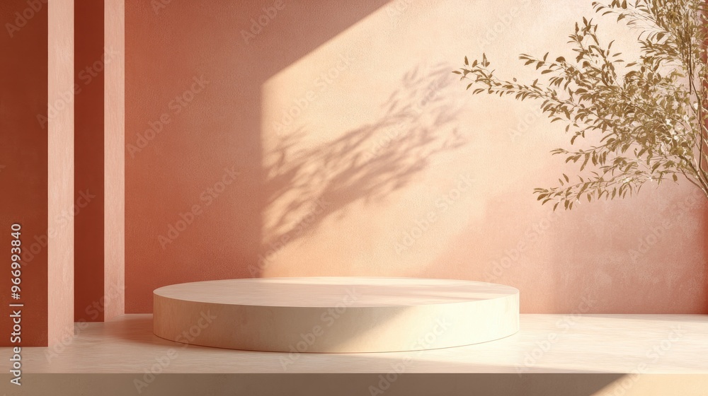 Abstract 3D render featuring a mock up podium for product display minimalist concept and geometric backdrop Abstract 3D render featuring a mock up podium for product display minimalist concept and geometric backdrop