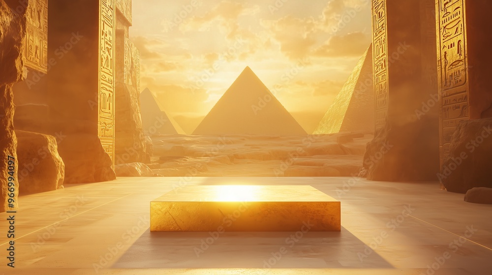A minimalist 3D podium made of gold, standing in the middle of an Egyptian market scene, with towering pyramids in the background and golden light illuminating the details A minimalist 3D podium made of gold, standing in the middle of an Egyptian market scene, with towering pyramids in the background and golden light illuminating the details