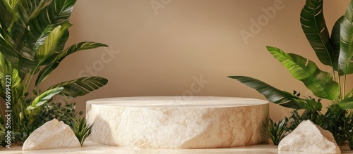 Stone product display podium featuring natural leaves against a brown backdrop 3D rendering photo