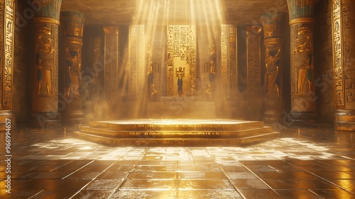 A luxurious 3D podium with intricate gold detailing, set inside an ancient Egyptian temple with hieroglyphic carvings and golden beams of sunlight
