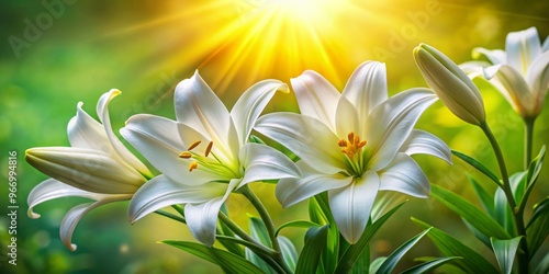 A close-up gaze on the Easter lily's intricate flowers, with delicate colors and shapes sharp and distinct against