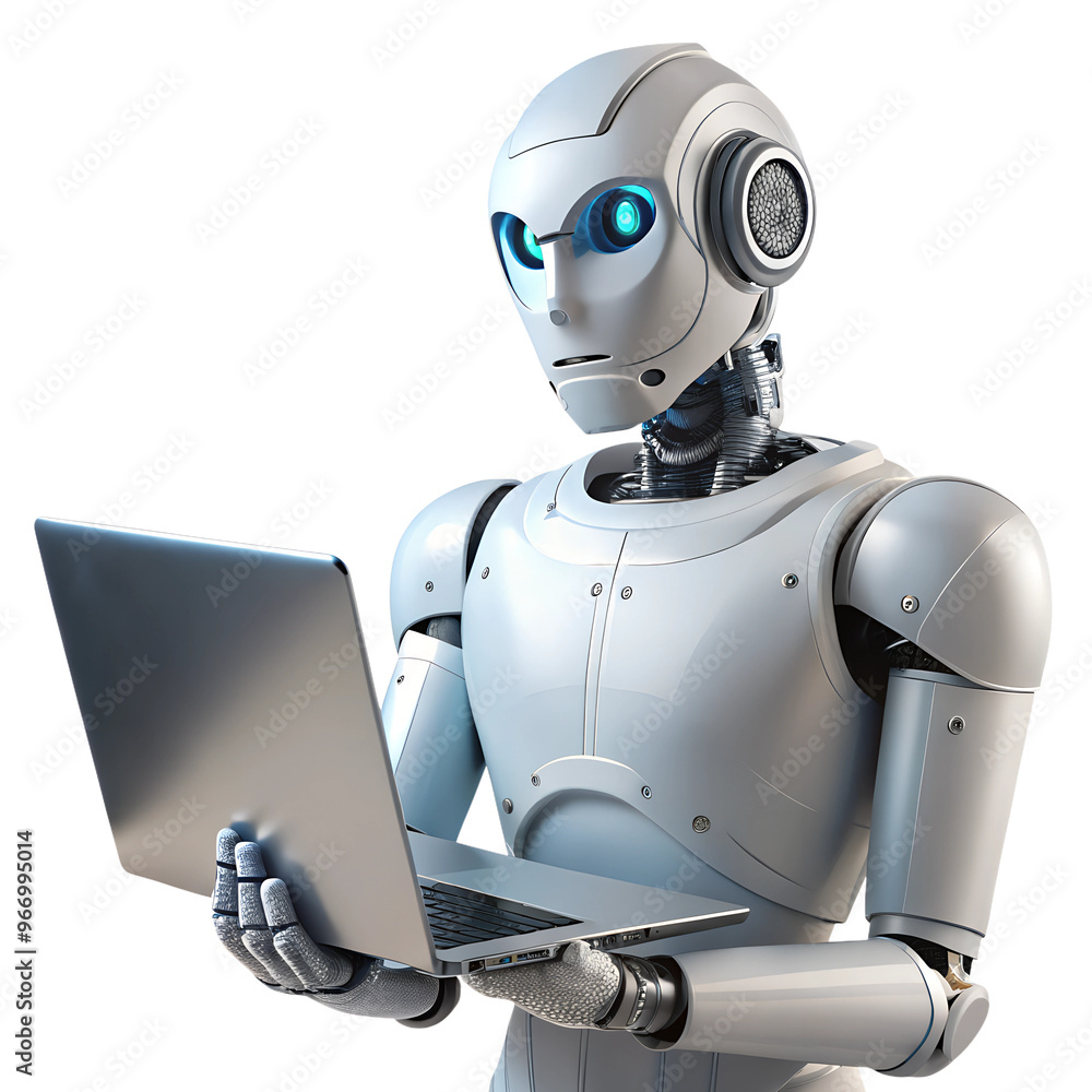 robot with laptop isolated on transparent white background, clipping path robot with laptop isolated on transparent white background, clipping path