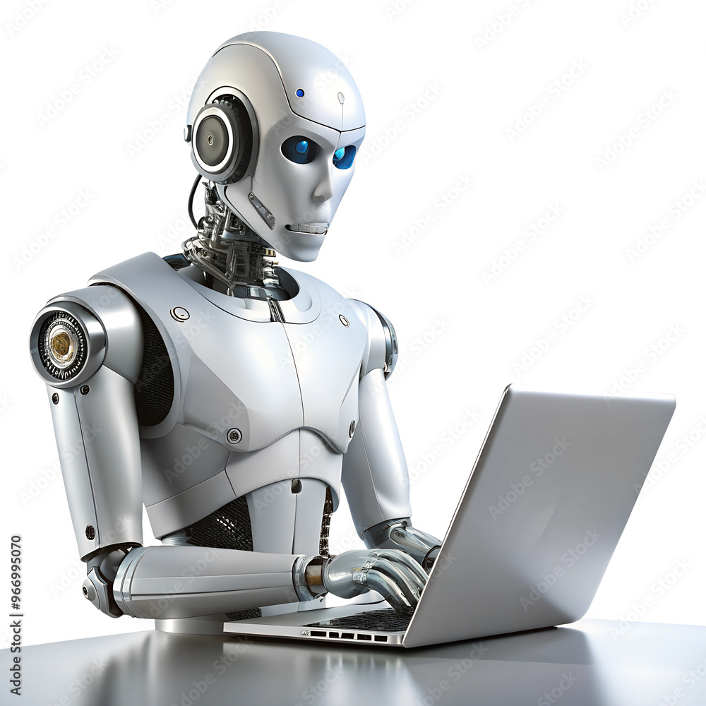 robot with laptop isolated on transparent white background, clipping path robot with laptop isolated on transparent white background, clipping path