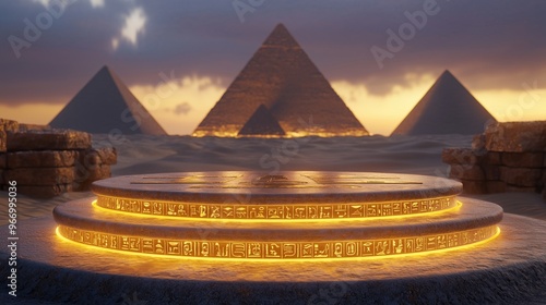 A glowing 3D podium with golden hieroglyphics, surrounded by the ancient Egyptian desert, with the pyramids towering in the background photo