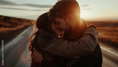 Sunset Embrace: A Young Caucasian Couple Embracing on the Roadside at Dusk