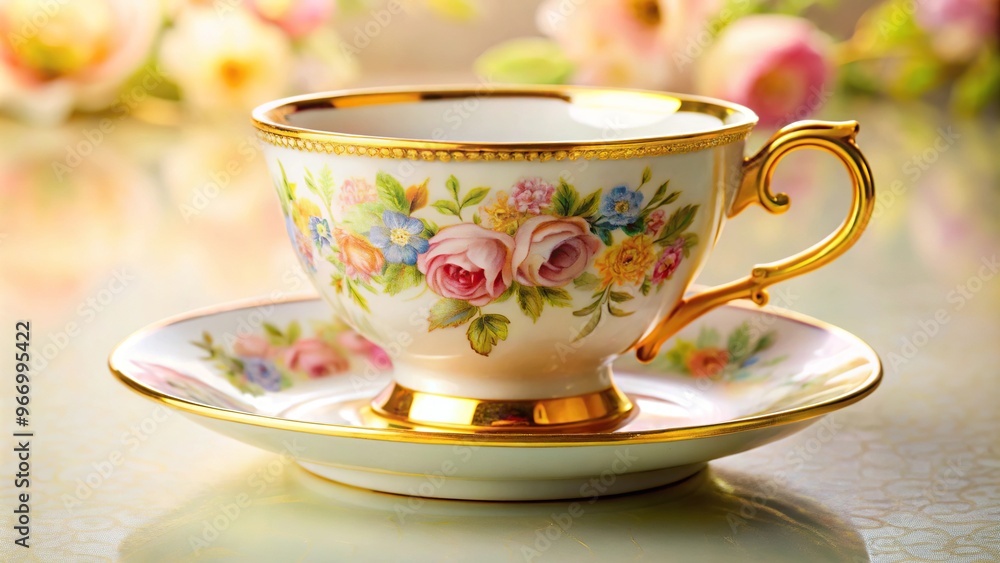 Teacup with gold border and flowers on table Teacup with gold border and flowers on table