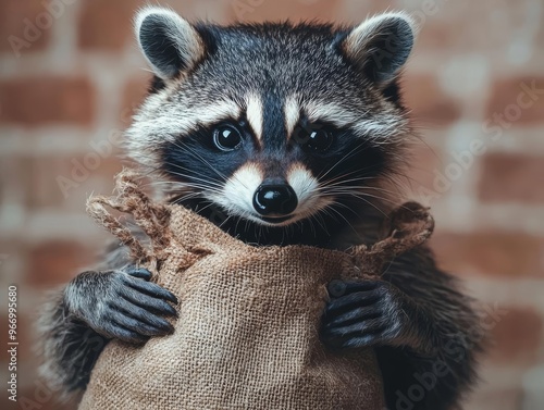 Raccoon dressed as a thief with a mask and a bag of loot, thief raccoon, mischievous Halloween animal photo