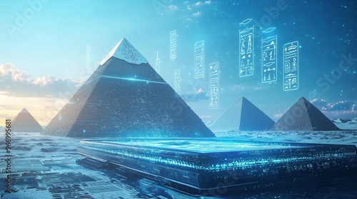 A futuristic metallic 3D podium placed in front of the pyramids of Egypt, with floating digital hieroglyphs glowing in mid-air under a bright blue sky