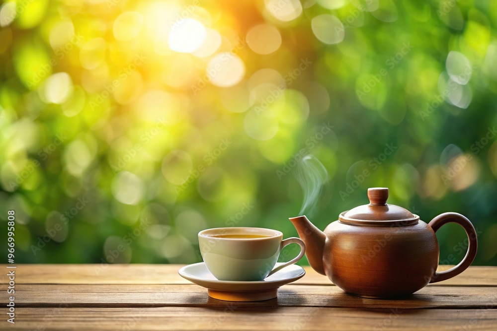 Teapot and cup of tea on table with nature bokeh background Teapot and cup of tea on table with nature bokeh background