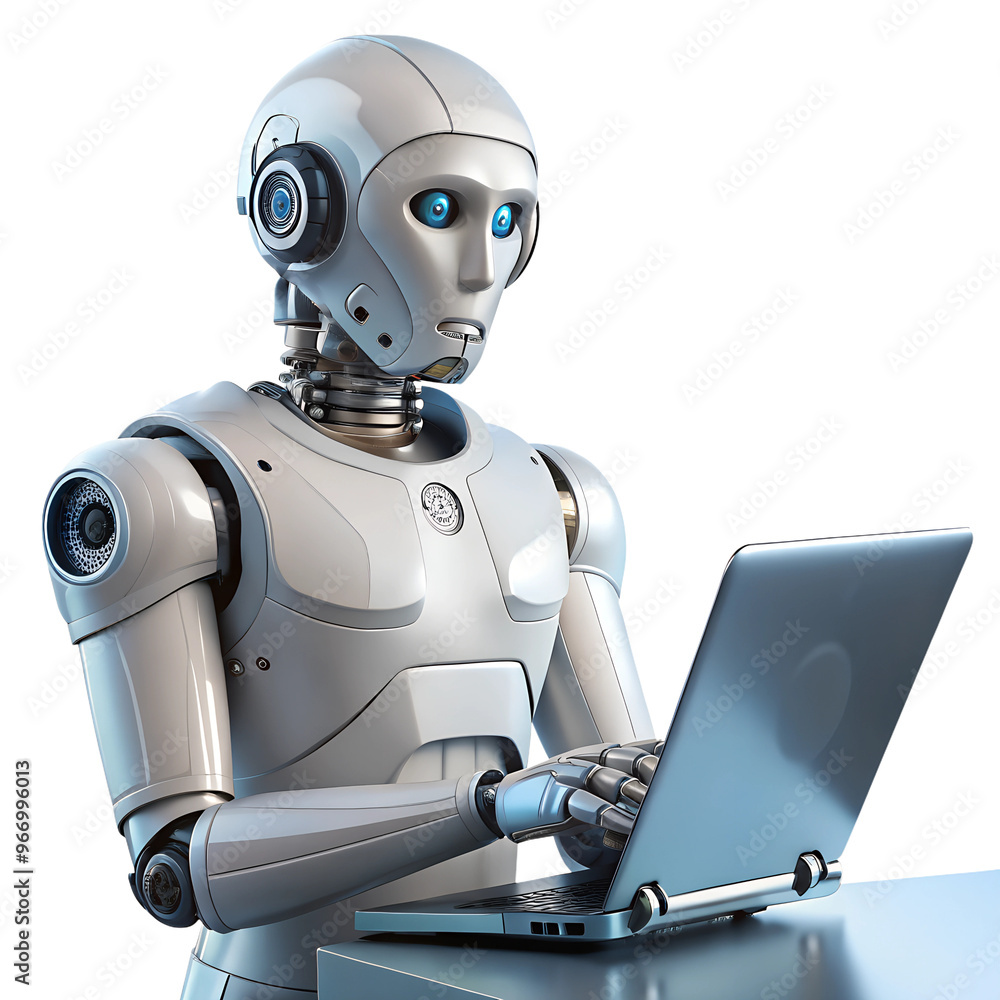 robot with laptop isolated on transparent white background, clipping path robot with laptop isolated on transparent white background, clipping path