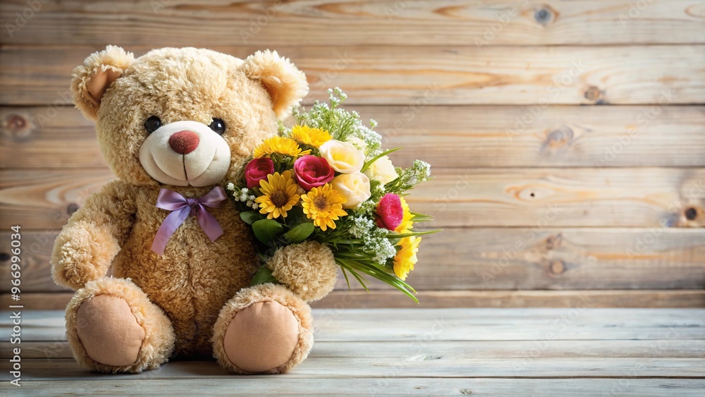 Obraz premium Teddy bear holding a bouquet of flowers