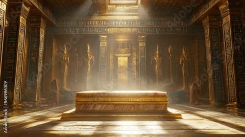 A gold and marble 3D podium floating above an Egyptian-themed scene with ancient hieroglyphs on the walls and sunlight pouring through temple windows