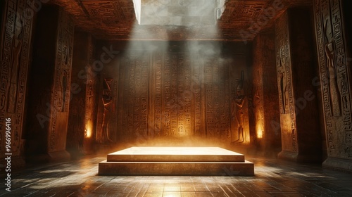A glowing 3D podium set inside an ancient Egyptian tomb, surrounded by hieroglyphs and intricate carvings, with soft torchlight casting shadows