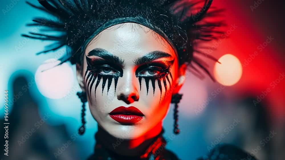 A striking woman with dramatic makeup and spiked hair poses under vibrant lights, perfect for Halloween or gothic-themed events A striking woman with dramatic makeup and spiked hair poses under vibrant lights, perfect for Halloween or gothic-themed events